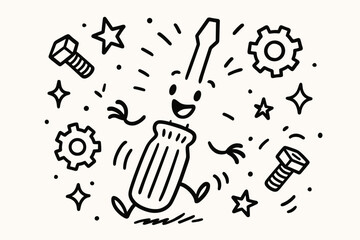 Chatting Doodle Screwdriver. Playful doodle vector scene of a screwdriver chatting with a happy movement, while doodle stars,