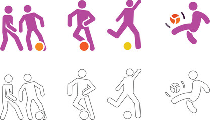 Dynamic Football (Soccer) Player Icon Set: Dribbling, Kicking, and Tackling (Solid Silhouette and Outline)
