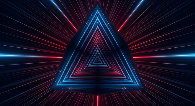 Abstract glowing triangle tunnel with neon lights and particles, futuristic digital art