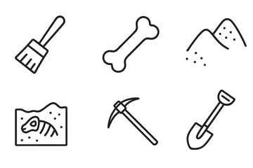 Obraz premium Paleontology Icon Set. Line style icons of paleontology basics: brush, bone, sand, excavation site, pickaxe, shovel. No text, No
