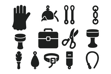 Falconry Equipment Icons. Solid style icons of Falconry Equipment: falconer glove, training hood, leather jesses, swivels, perch