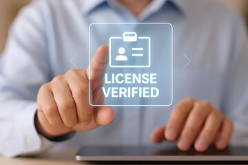 A Person Utilizing a Digital Interface to Confirm License Verification with a Touchscreen Display Indicating Successful Authentication and Approval Process