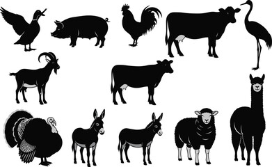 Farm animal silhouette illustration, black livestock icons, duck pig rooster cow goat sheep donkey turkey alpaca llama, rural agriculture design, vector art
