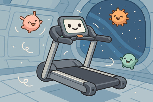 Floating Treadmill Fun. Friendly treadmill in zero-gravity simulator, tiny critters floating alongside with grins