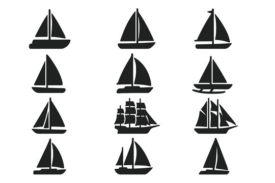 Sailboat Icons Collection. Solid style icons of Sailboat types: catamaran, sloop, schooner, dinghy, ketch, trimaran, cutter, yawl,