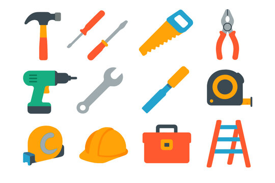 Construction Tools Icons. Flat vector icons of Construction Tools: hammer, screwdriver, saw, pliers, drill, wrench, chisel,