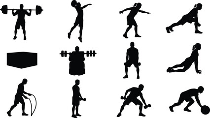Fitness silhouettes, workout exercise poses, gym training icons, strength lifting, cardio jump rope, dumbbell workout, plank position, sports illustration vector