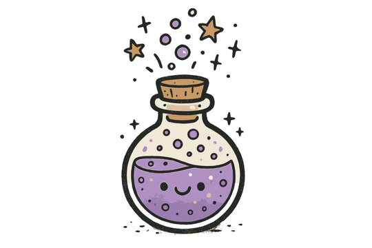 Sparkling Potion Bottle. Playful potion bottle bubbling with happy sparkles, tiny doodle stars rising from the top