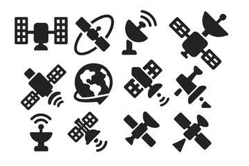Obraz premium Satellite Icon Set. Solid style icons of Satellite: satellite body, solar panel wings, orbit path, communication dish, signal