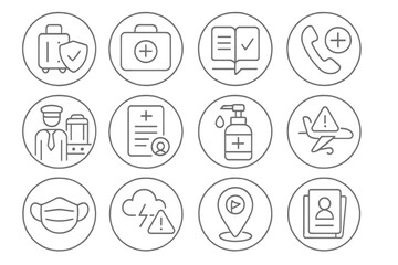 Travel Safety Icons. Line style round icons of travel safety and health: travel insurance, medical kit, safety guide, emergency