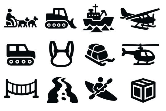 Arctic Transport Icons. Solid style icons of Arctic transportation: dog sled, snowcat, icebreaker ship, ski plane, tracked vehicle