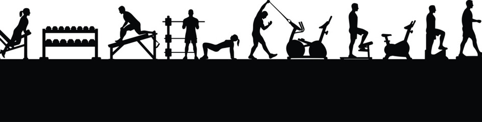 Gym workout silhouettes, fitness training, exercise equipment, bodybuilding, cardio workout, strength training, healthy lifestyle, sports activity, gym routine, physical exercise illustration