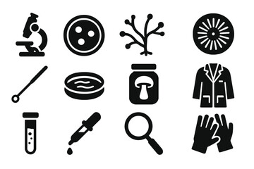 Mycology Lab Essentials. Solid style icons of Laboratory Mycology: Microscope, Petri Dish, Mycelium, Spore Print, Inoculation Loop