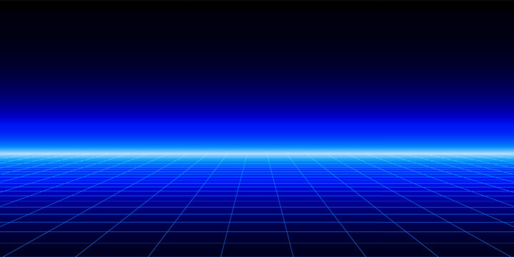 Glowing neon wireframe horizon background. Blue grid room floor in perspective. Bright retro futuristic wallpaper. Abstract checkered plane landscape. Game cyber surface. Vector backdrop