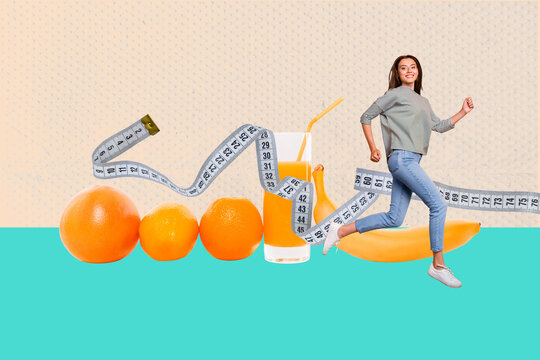 Collage of cheerful woman with fruits juice vegs measuring tape representing energy dieting body shape goals
