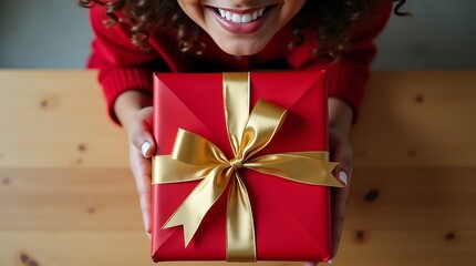 Smiling Person Holding Red Gift Box with Gold Ribbon in Festive Christmas Setting