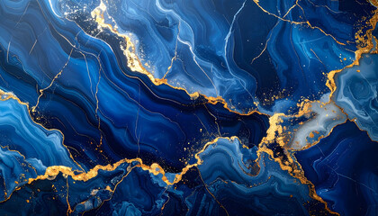 Luxurious navy blue marble or agate stone background with golden veins
