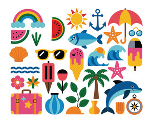 Fototapeta premium Vibrant Assortment of Summer and Beach Themed Flat Design Icons Keywords: summer, beach, vacation, holiday, travel, sun, rainbow, watermelon, slice, ice cream, cone, popsicle, sunglasses, anchor