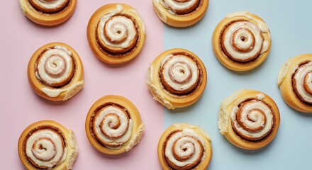 Fototapeta premium Cinnamon rolls with icing glaze on pastel background in artistic minimal look