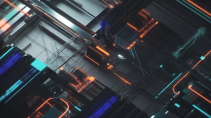 Detailed Cyberpunk Circuit Board with Neon Blue and Orange Lights technology futuristic