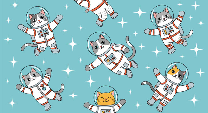 Cute cartoon astronaut cats floating in space amongst sparkling stars.