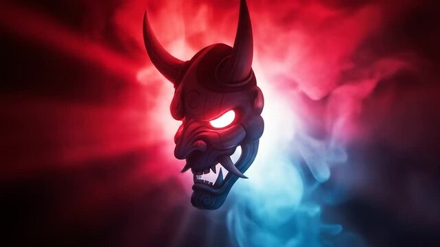 Red and Blue Hannya Demon Mask with Glowing Eyes and Abstract Smoke Motion Graphic Element.