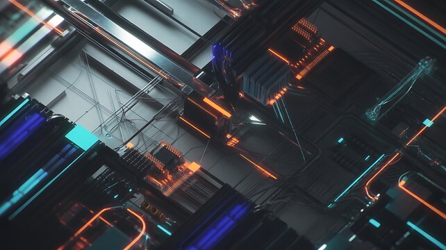 Detailed Cyberpunk Circuit Board with Neon Blue and Orange Lights technology futuristic - Powered by Adobe