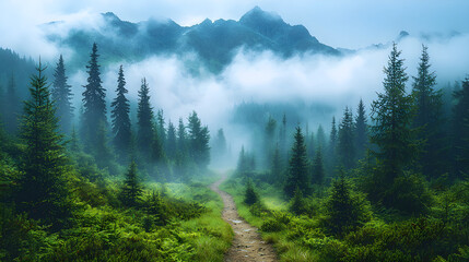 Obraz premium A misty mountain trail winding through towering pines, with soft diffused light.