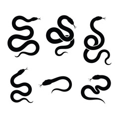 Six Black Silhouette Illustrations of Snakes in Various Coiled Poses Keywords: snake, snakes, serpent, reptile, animal, wildlife, silhouette, black, illustration, graphic, design, icon, symbol