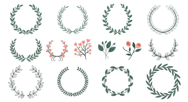 Collection of decorative floral and leaf wreath elements for design and illustration.