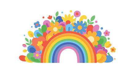 A vibrant rainbow arching over a cheerful arrangement of colorful flowers and leaves.