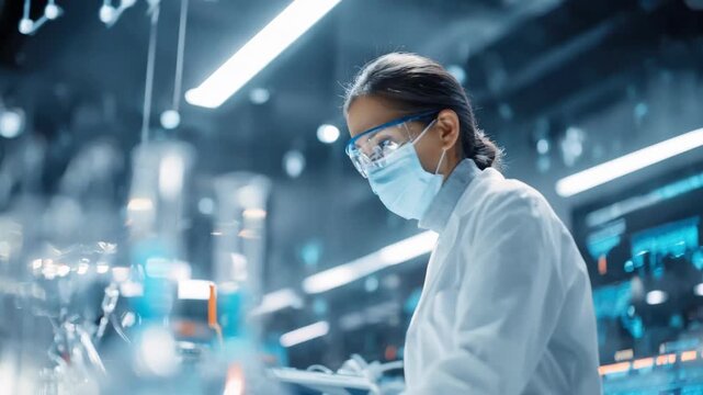 Medical professional in white lab coat analyzing nanotech applications to improve drug delivery systems in a modern clinical research facility