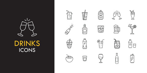 Drinks line icon set, outline web icon collection containing Beer, Champagne, Cockta and more, vector illustration in line style.