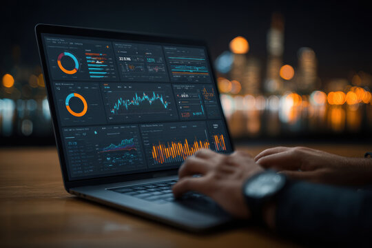 Person using laptop displaying a digital dashboard with business data. Hands typing on keyboard against a blurred city lights background at night, showing modern analytics.