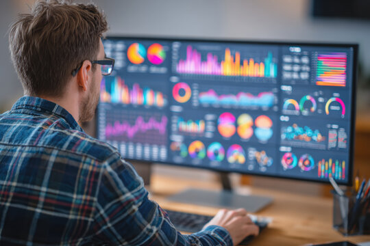 Young man intently examining colorful data analytics on a computer monitor. He is working with business intelligence dashboards in a modern office environment.
