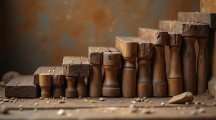 Rustic Wooden Stair Blocks with Pebbles Against Textured Wall Background