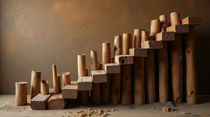 Rustic Wooden Stair Blocks with Pebbles Against Textured Wall Background