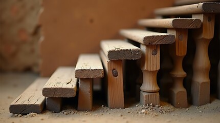 Rustic Wooden Stair Blocks with Pebbles Against Textured Wall Background