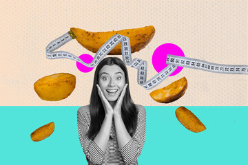 Collage of cheerful woman with fruits juice vegs measuring tape representing energy dieting body...