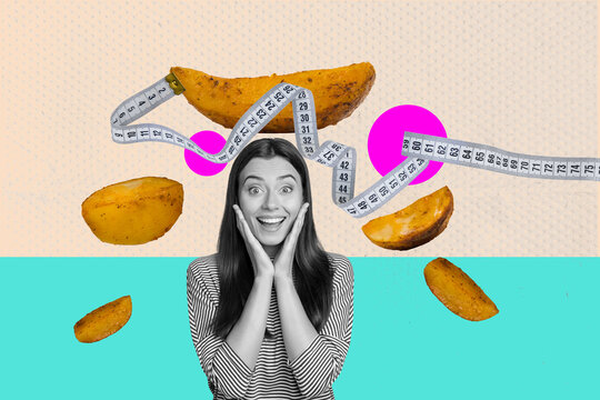 Collage of cheerful woman with fruits juice vegs measuring tape representing energy dieting body shape goals