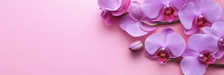 Graceful orchids on a lilac background. greeting card on, copy space © May