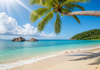 Naklejka premium Escape to paradise with this stunning tropical beach, turquoise waters, and swaying palm trees perfect for luxurious vacations and travel promotions