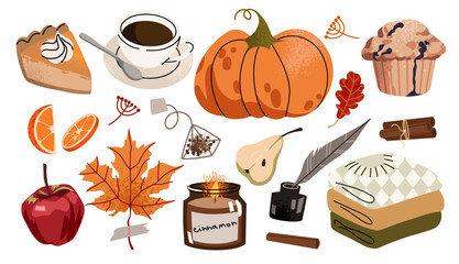 Autumn set, fall clip art, collection with leaf, pumpkins, sweater, coffee, pie. Hand drawn vector illustration.