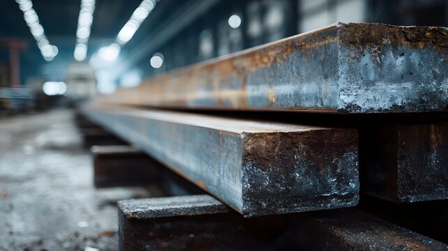 Stacked rusty steel beams in an industrial warehouse showcasing weathered texture and raw material