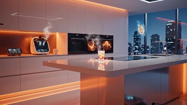 Futuristic kitchen with holographic display and smart appliances at night
