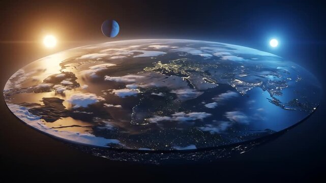 Flat Earth theory with day and night cycles rotating in space conceptual animation.