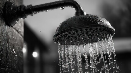 Close up of a showerhead with water droplets, in monochrome