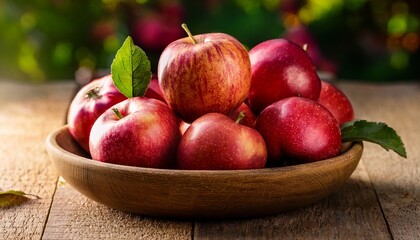 a wooden bowl filled with ripe red apples