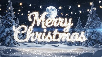 Sparkling Merry Christmas text in snowy forest under moonlight and festive string lights, evoking winter magic, peace, and holiday cheer.
 - Powered by Adobe