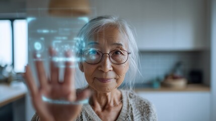 Elderly Woman With Glasses Interacting With Transparent Holographic Screen In Modern Kitchen